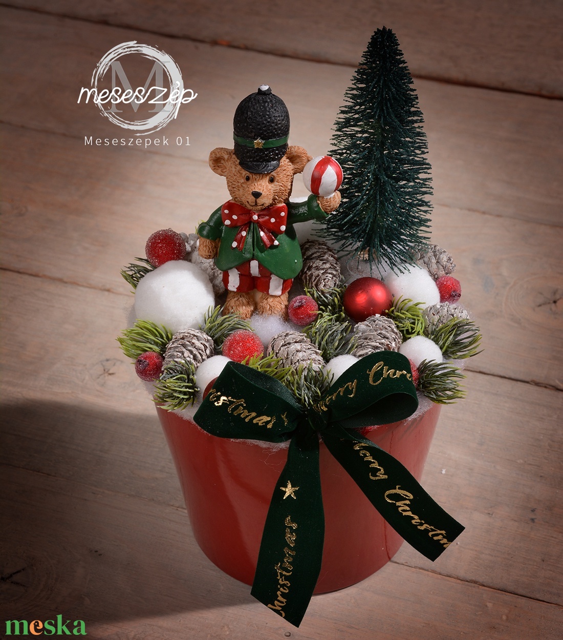 Teddy maci karácsonyi asztaldísz - karácsony - karácsonyi lakásdekoráció - karácsonyi manók, figurák - Meska.hu
