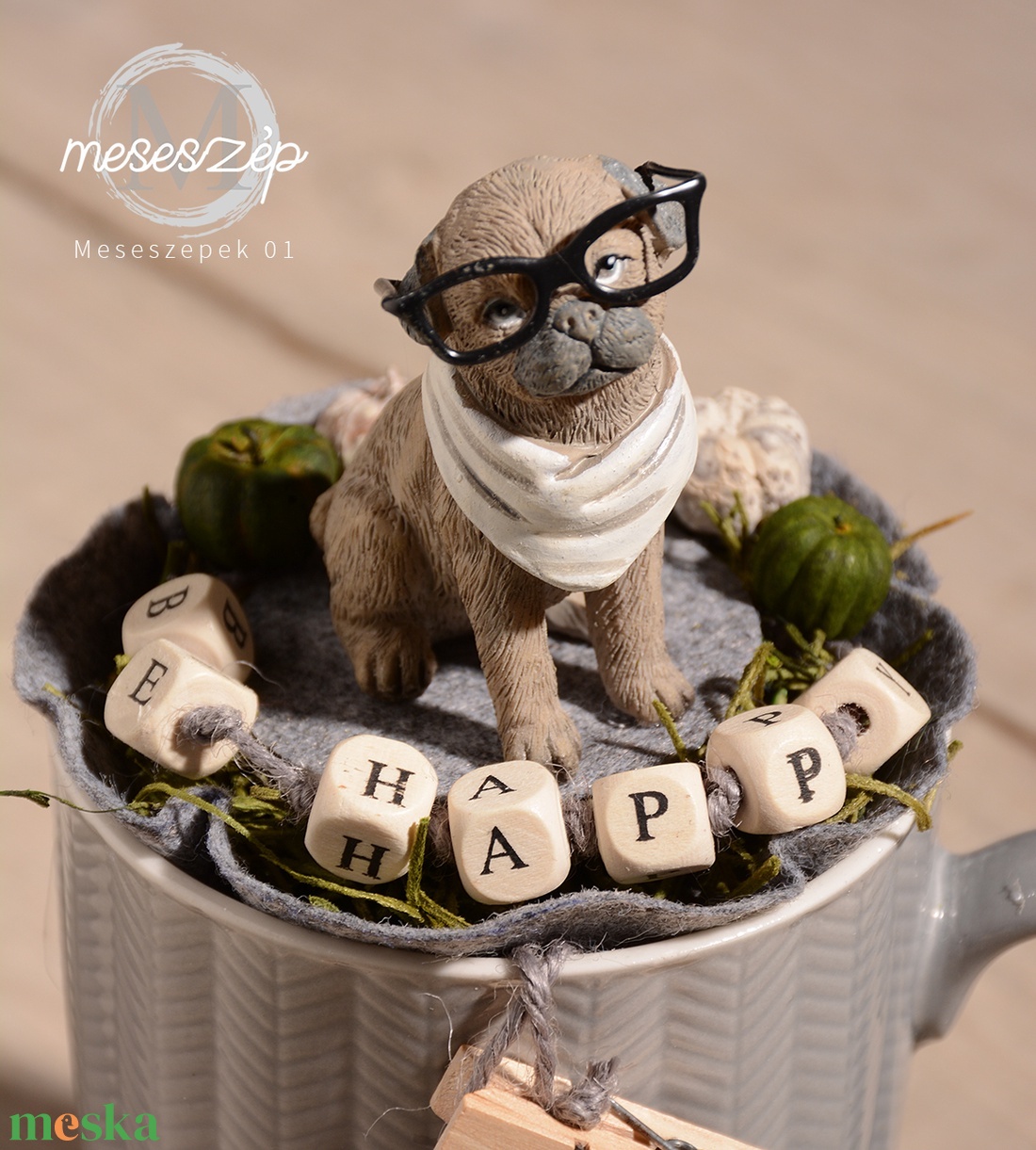 Be HAPPY  kutyás bögrényi asztaldísz - otthon & életmód - dekoráció - asztal és polc dekoráció - asztaldísz - Meska.hu