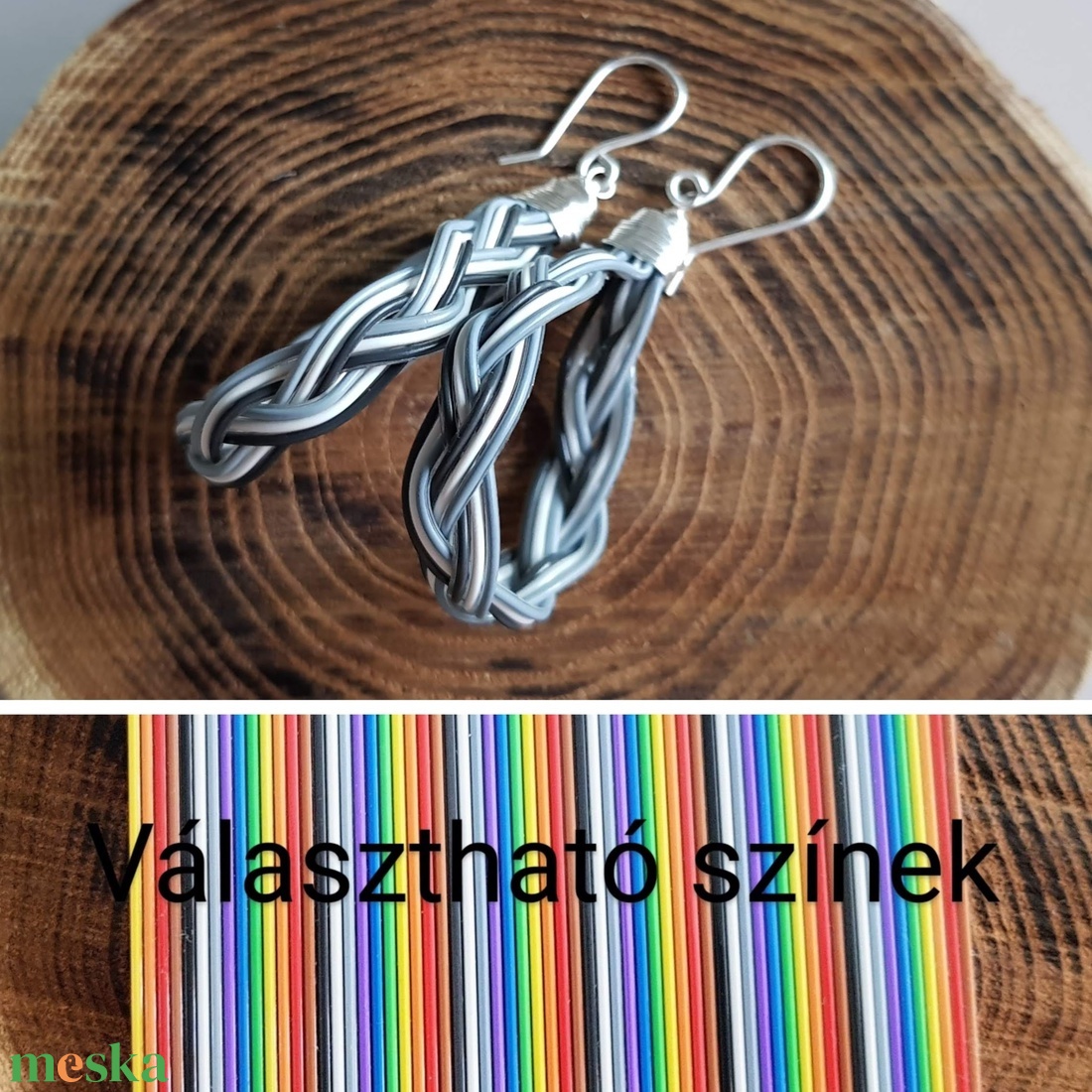 Szürke - FF fonott újrahasznosított drót fülbevaló - ékszer - fülbevaló - lógó csepp fülbevaló - Meska.hu