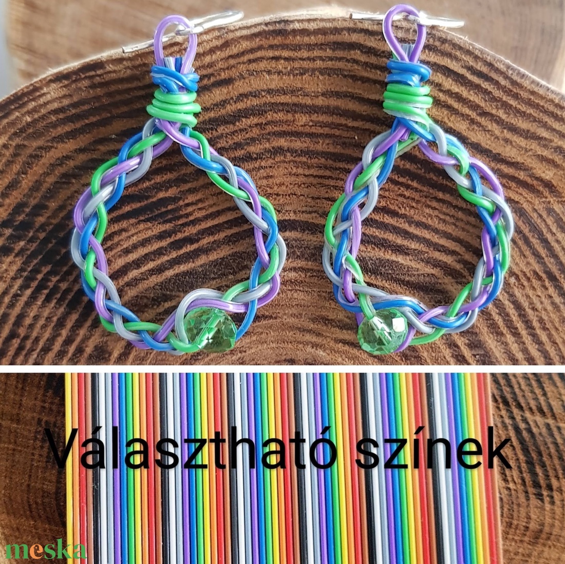 Lila - kék - zöld fonott újrahasznosított drót fülbevaló - ékszer - fülbevaló - lógó csepp fülbevaló - Meska.hu Lila - kék - zöld fonott újrahasznosított drót fülbevaló - ékszer - fülbevaló - lógó csepp fülbevaló - Meska.hu