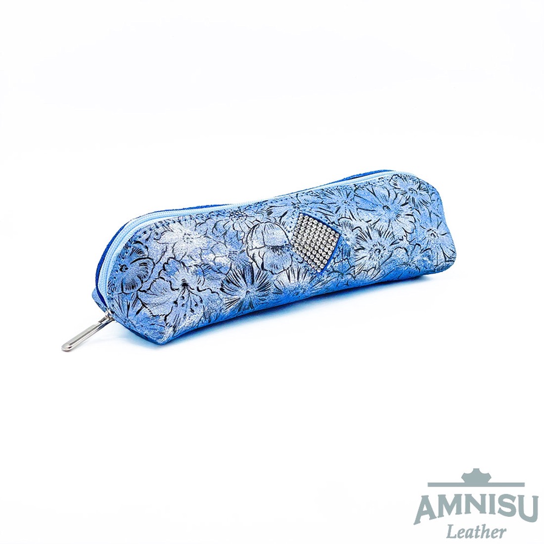 Kék virág mintás rombusz swarovski köves bőr neszeszer / tolltartó K6017 - táska & tok - neszesszer - Meska.hu