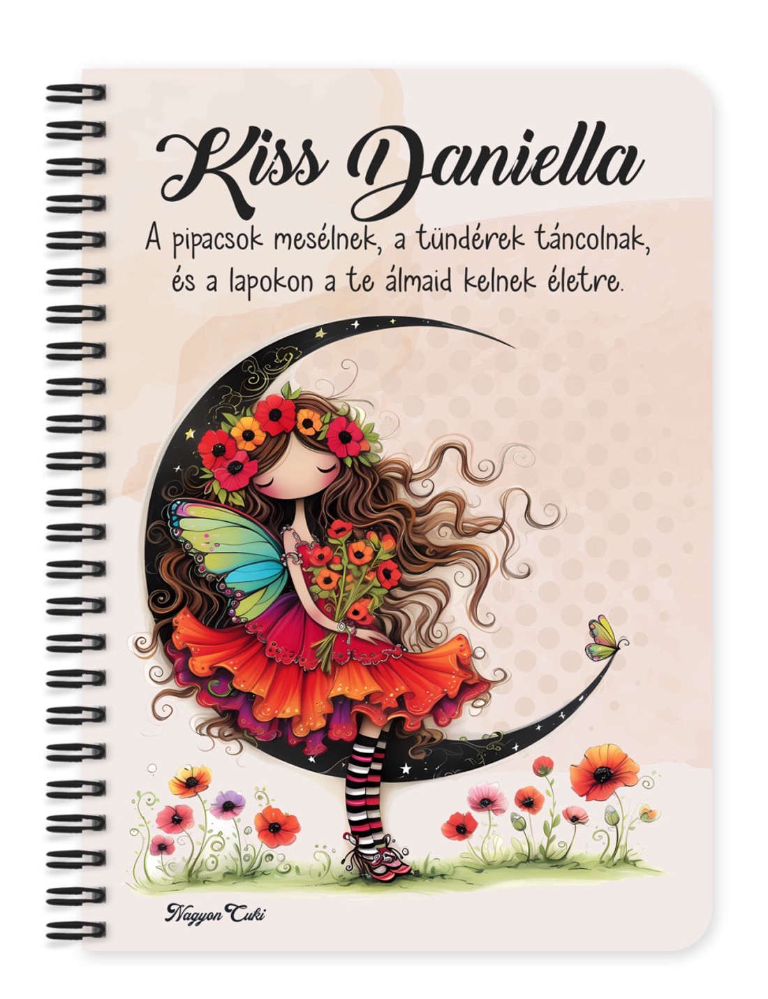 Személyre szabható - Kedves pipacs tündérlány és a hold mintás A6-os füzet - otthon & életmód - papír, írószer - jegyzetfüzet & napló - Meska.hu
