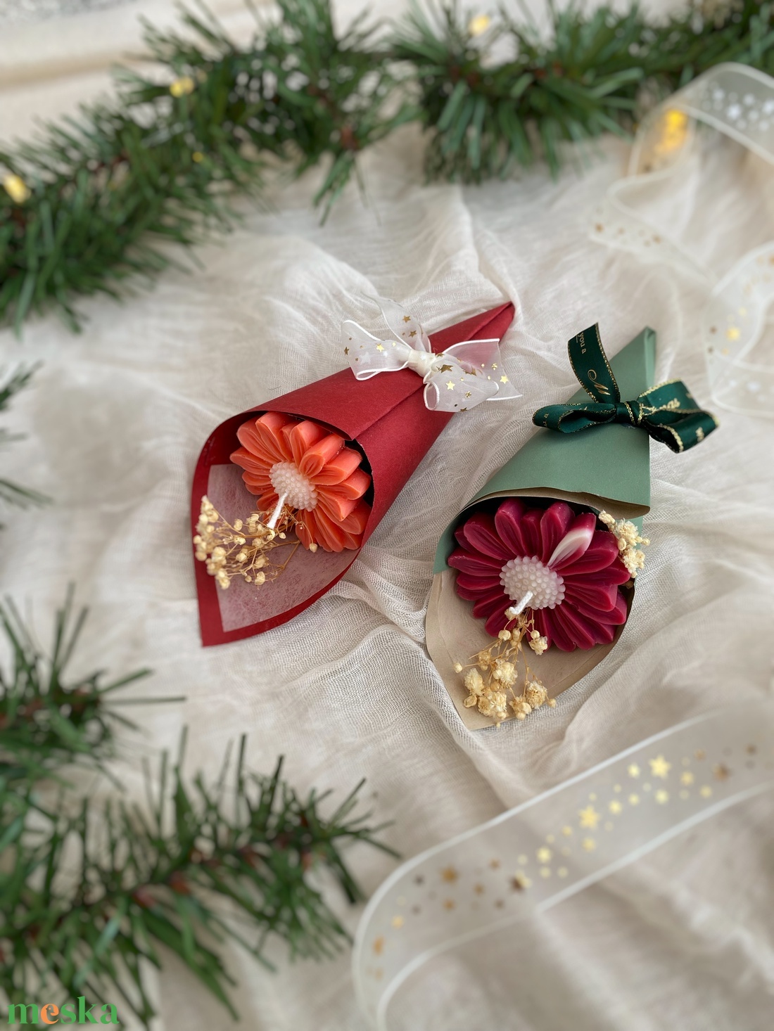 Karácsonyi gyertya margaréta mini csokor (szójagyertya) - kézműves ajándék bármilyen alkalomra - otthon & életmód - gyertya, illat, aroma - gyertya - Meska.hu