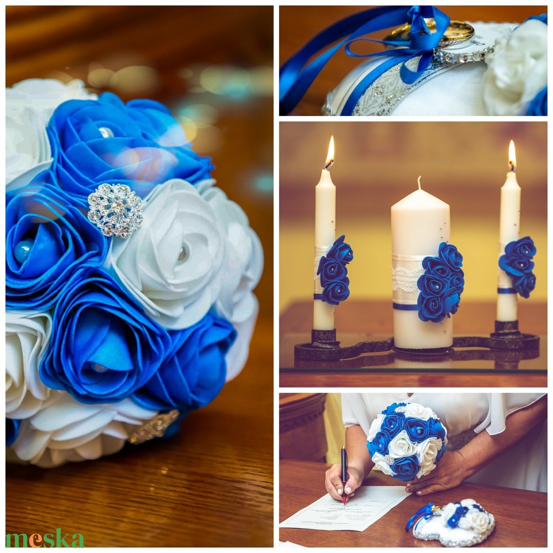 Kék-Fehér boglárkákkal, brossokkal díszített esküvői csokor - esküvő - menyasszonyi- és dobócsokor - Meska.hu