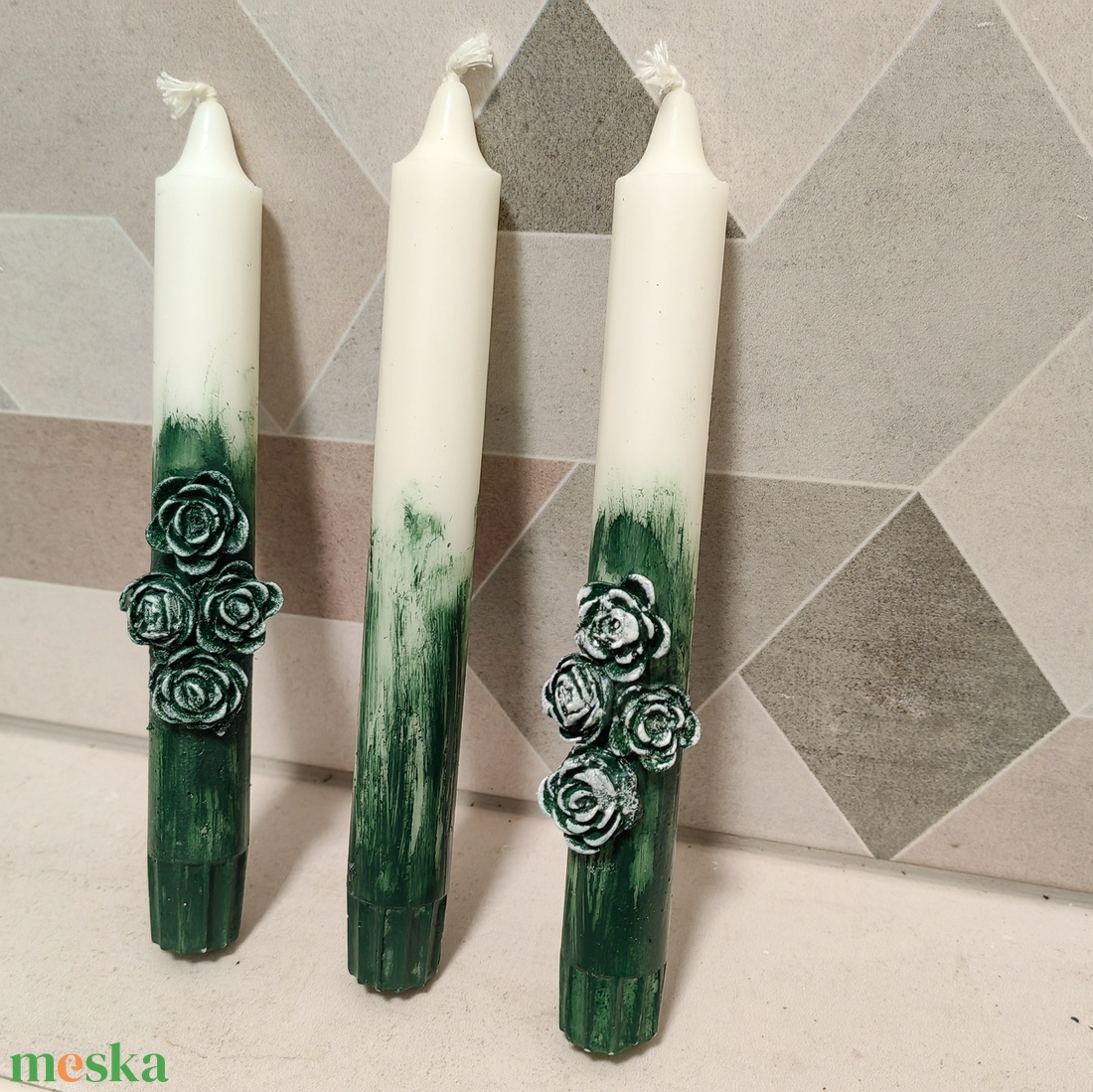 Vintage zöld esküvői gyertyaszett - esküvő - dekoráció - gyertya & gyertyatartó - Meska.hu