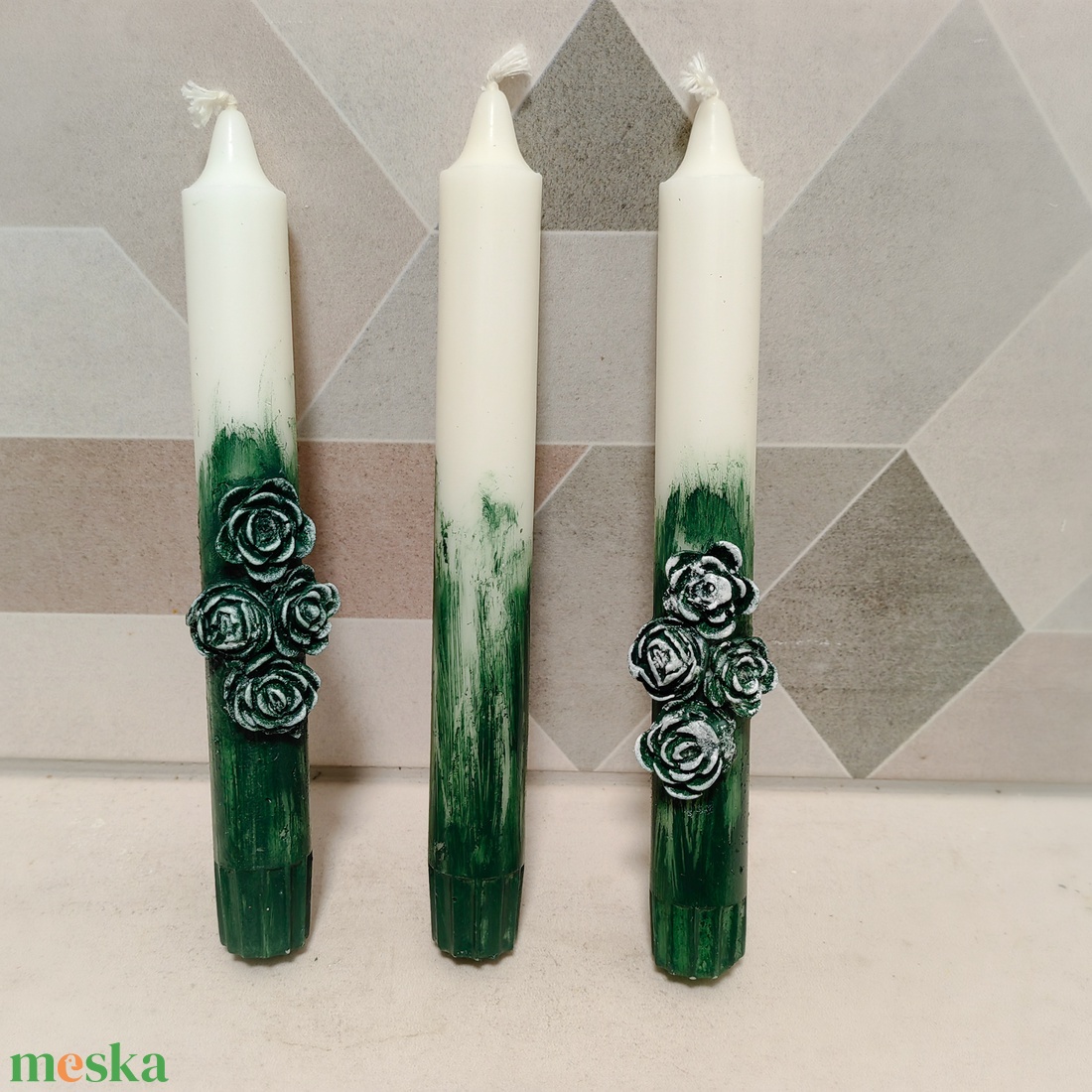 Vintage zöld esküvői gyertyaszett - esküvő - dekoráció - gyertya & gyertyatartó - Meska.hu