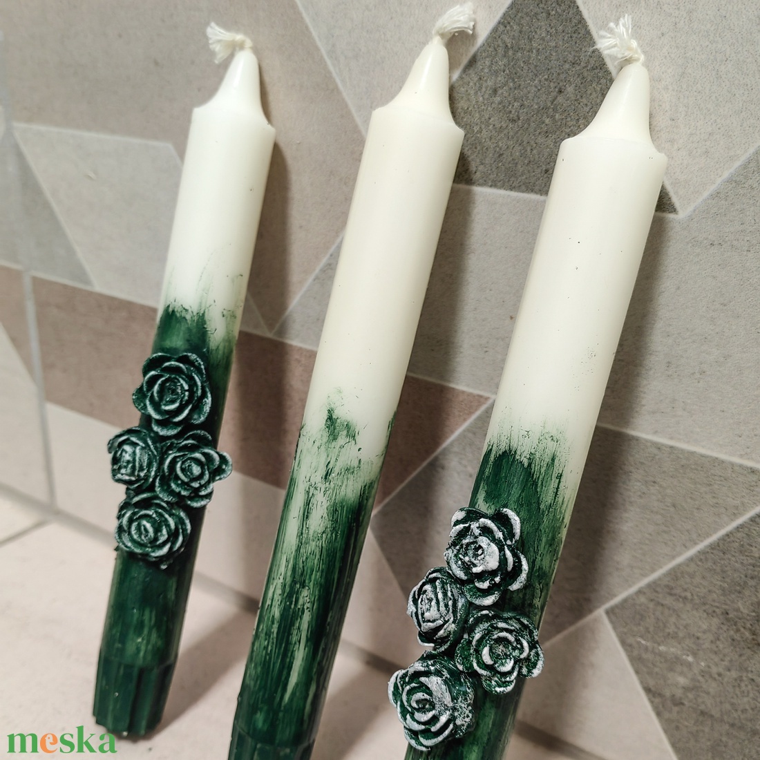 Vintage zöld esküvői gyertyaszett - esküvő - dekoráció - gyertya & gyertyatartó - Meska.hu