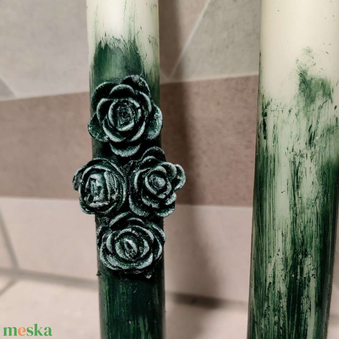 Vintage zöld esküvői gyertyaszett - esküvő - dekoráció - gyertya & gyertyatartó - Meska.hu