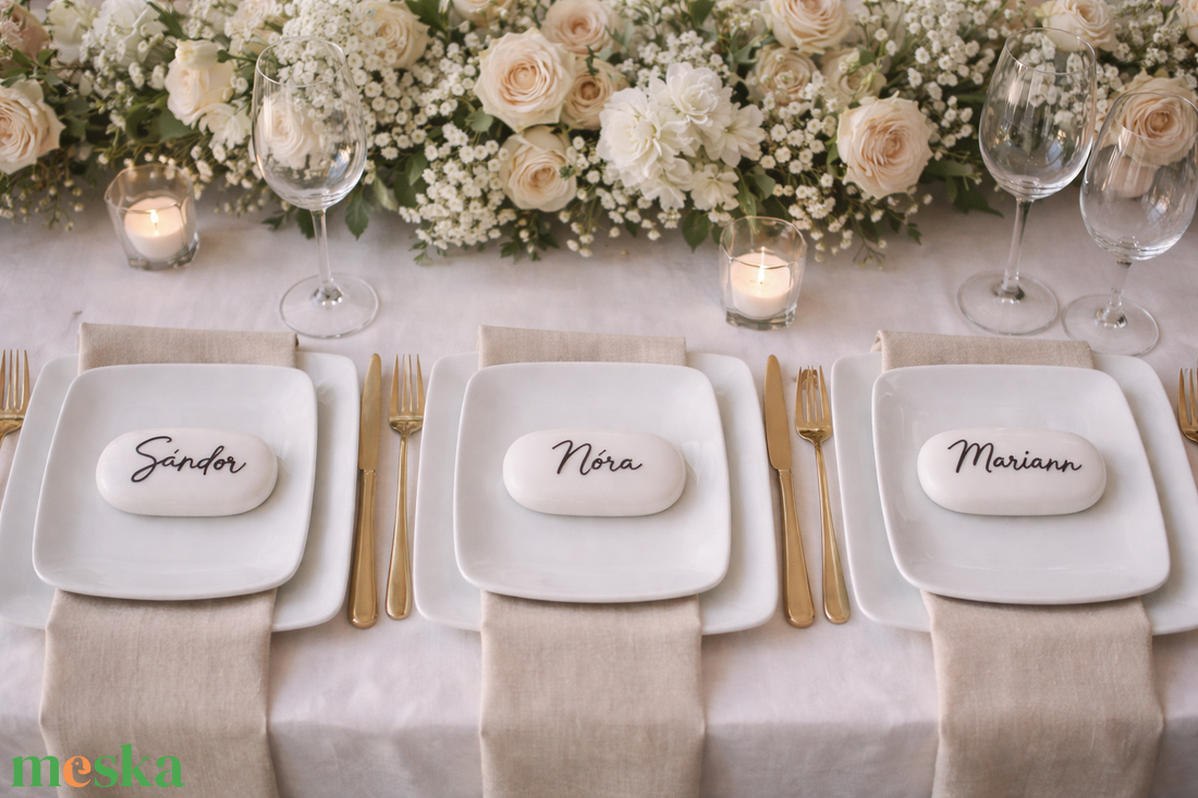 Esküvői ültető kézzel írt hófehér kövön - esküvő - meghívó & kártya - ültetési rend - Meska.hu