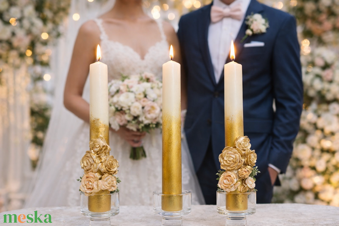 Arany virág esküvői gyertyaszett - esküvő - dekoráció - gyertya & gyertyatartó - Meska.hu