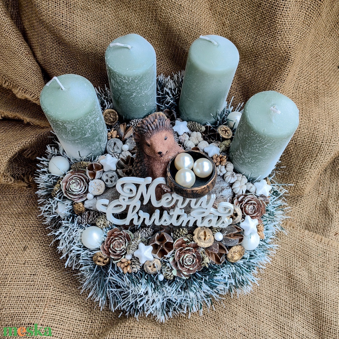 Sünis menta-fehér adventi asztali dísz - karácsony - adventi díszek - adventi koszorú - Meska.hu