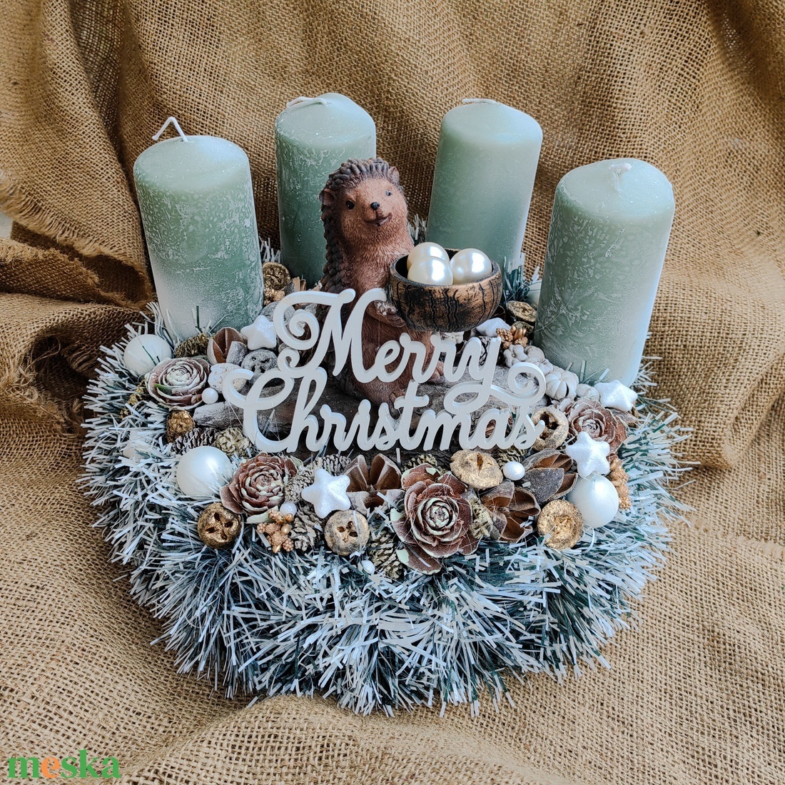 Sünis menta-fehér adventi asztali dísz - karácsony - adventi díszek - adventi koszorú - Meska.hu