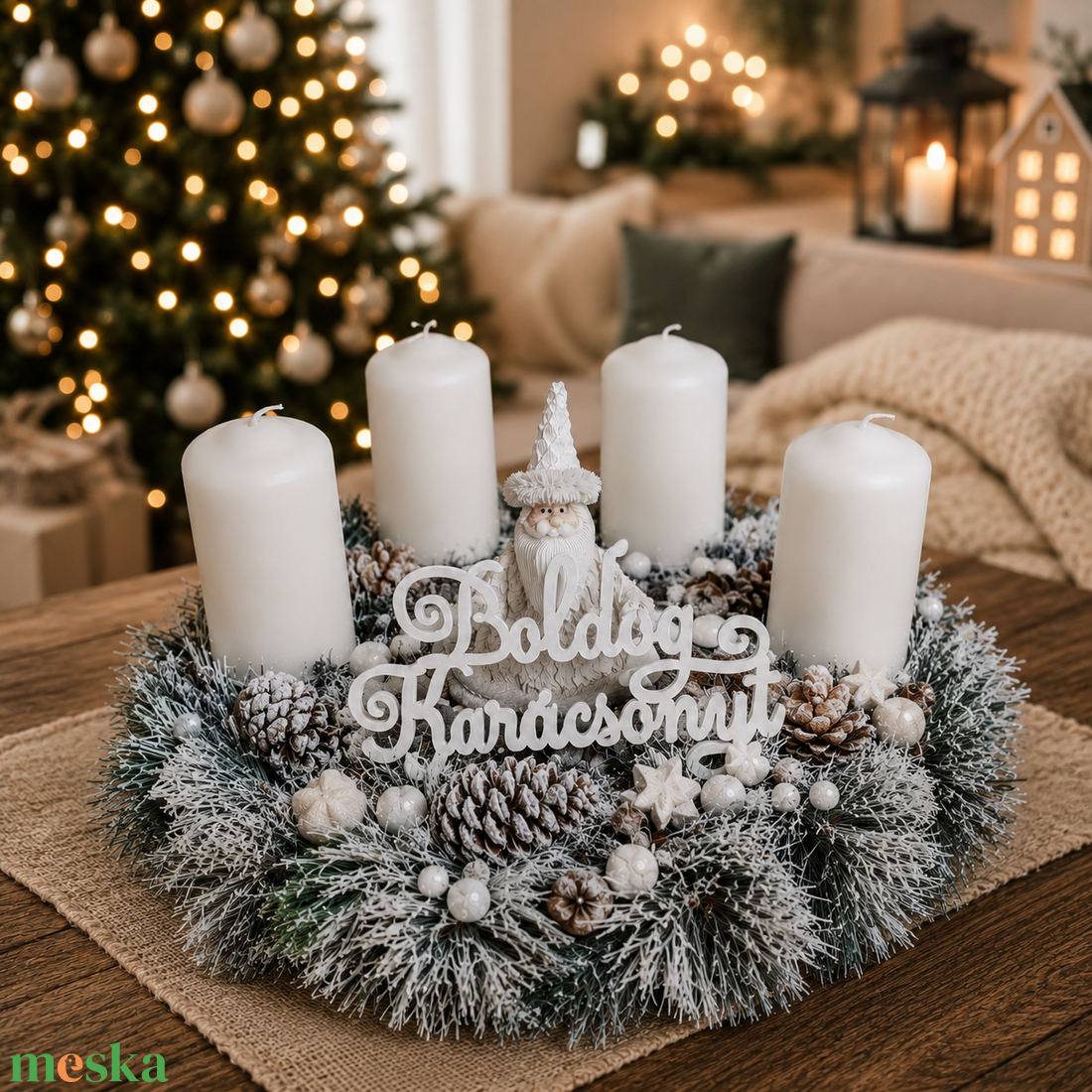Fehér-ezüst adventi asztali dísz - karácsony - adventi díszek - adventi koszorú - Meska.hu