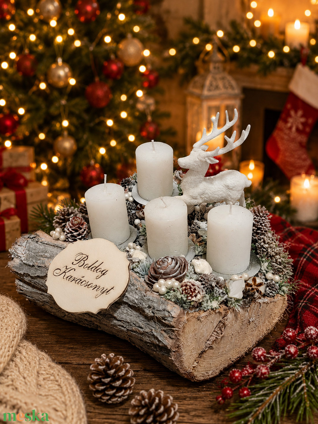 Adventi asztali dísz cserélhető gyertyákkal, szarvassal - karácsony - adventi díszek - adventi koszorú - Meska.hu