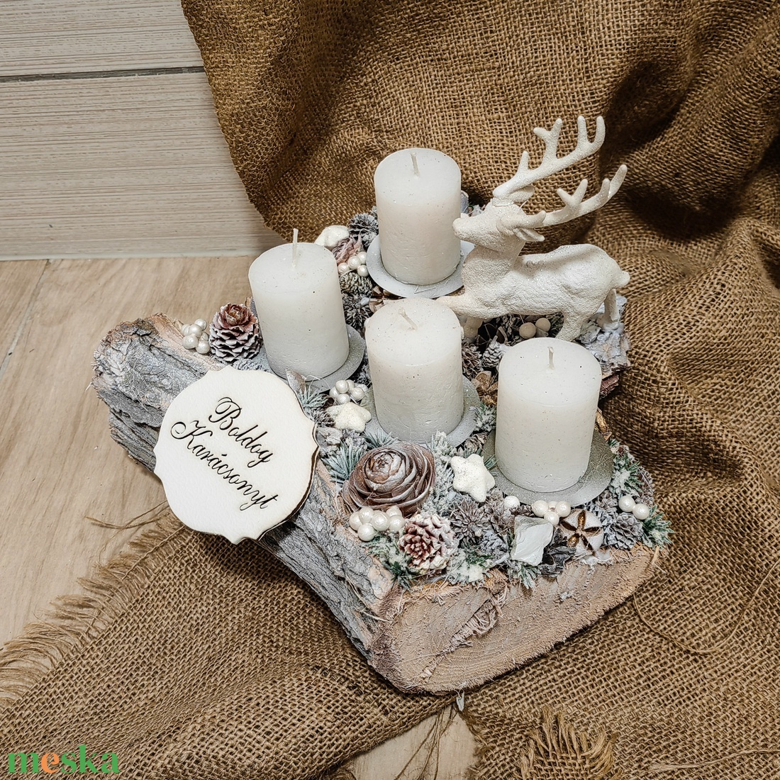 Adventi asztali dísz cserélhető gyertyákkal, szarvassal - karácsony - adventi díszek - adventi koszorú - Meska.hu