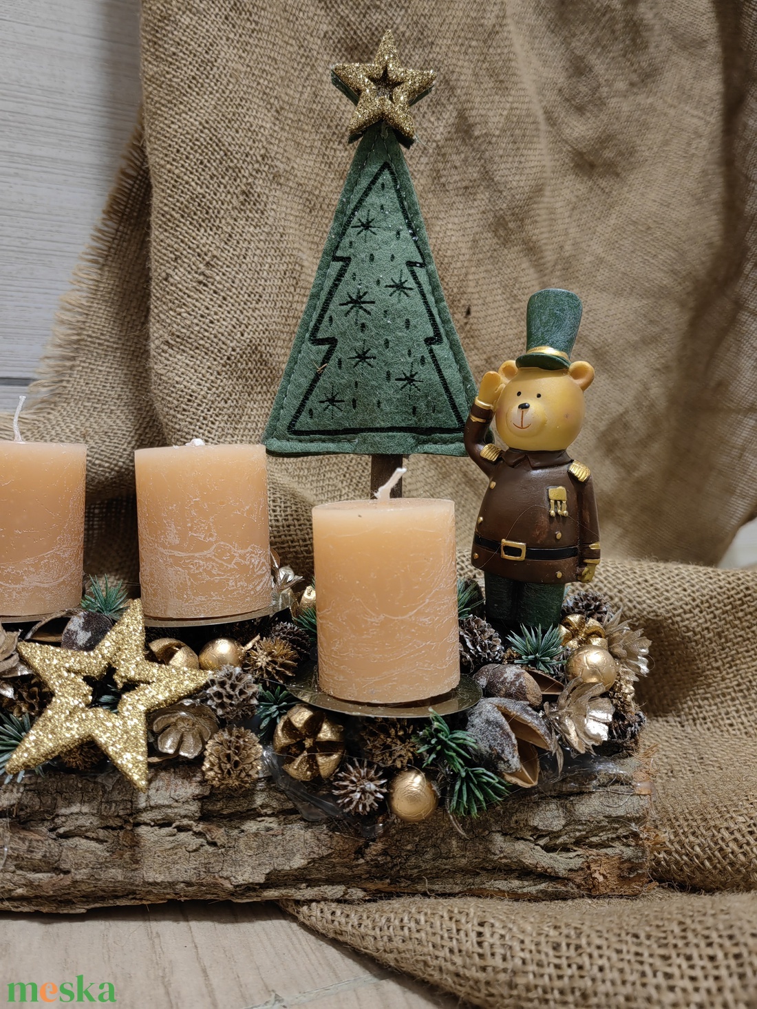 Adventi asztali dísz cserélhető gyertyákkal, macival - karácsony - adventi díszek - adventi koszorú - Meska.hu
