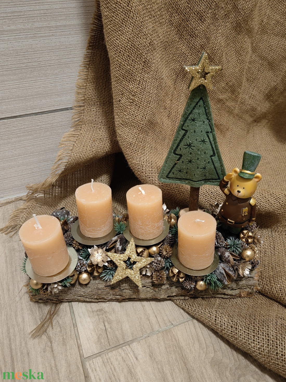 Adventi asztali dísz cserélhető gyertyákkal, macival - karácsony - adventi díszek - adventi koszorú - Meska.hu
