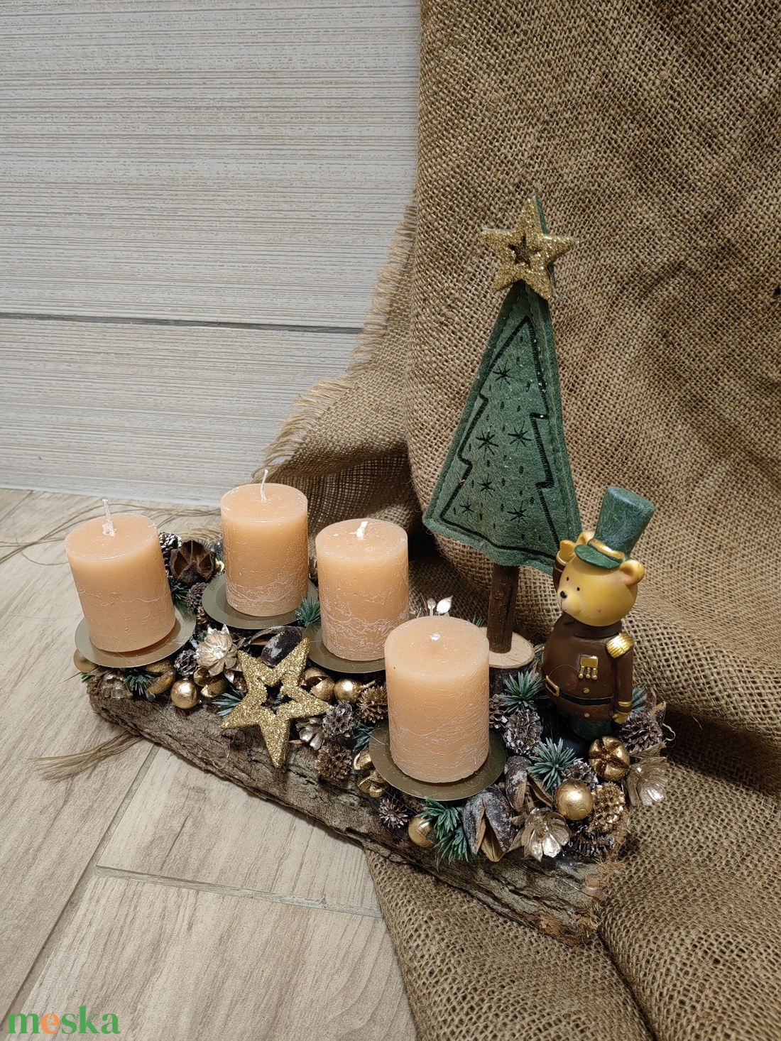 Adventi asztali dísz cserélhető gyertyákkal, macival - karácsony - adventi díszek - adventi koszorú - Meska.hu