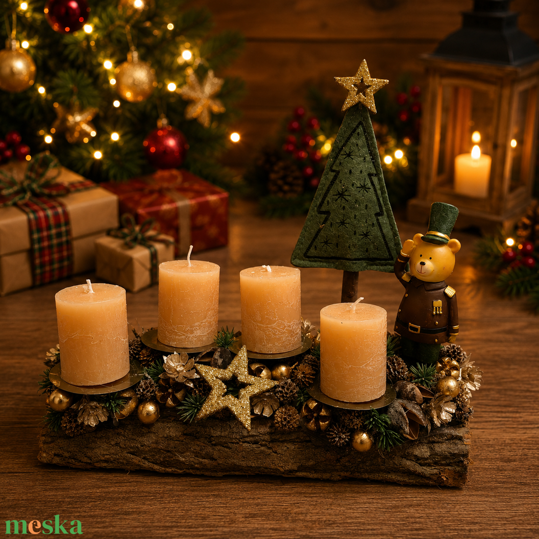 Adventi asztali dísz cserélhető gyertyákkal, macival - karácsony - adventi díszek - adventi koszorú - Meska.hu