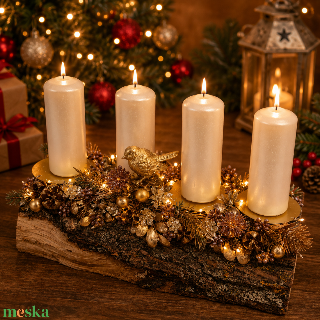 Adventi koszorú arany verébbel cserélhető gyertyákkal - karácsony - adventi díszek - adventi koszorú - Meska.hu