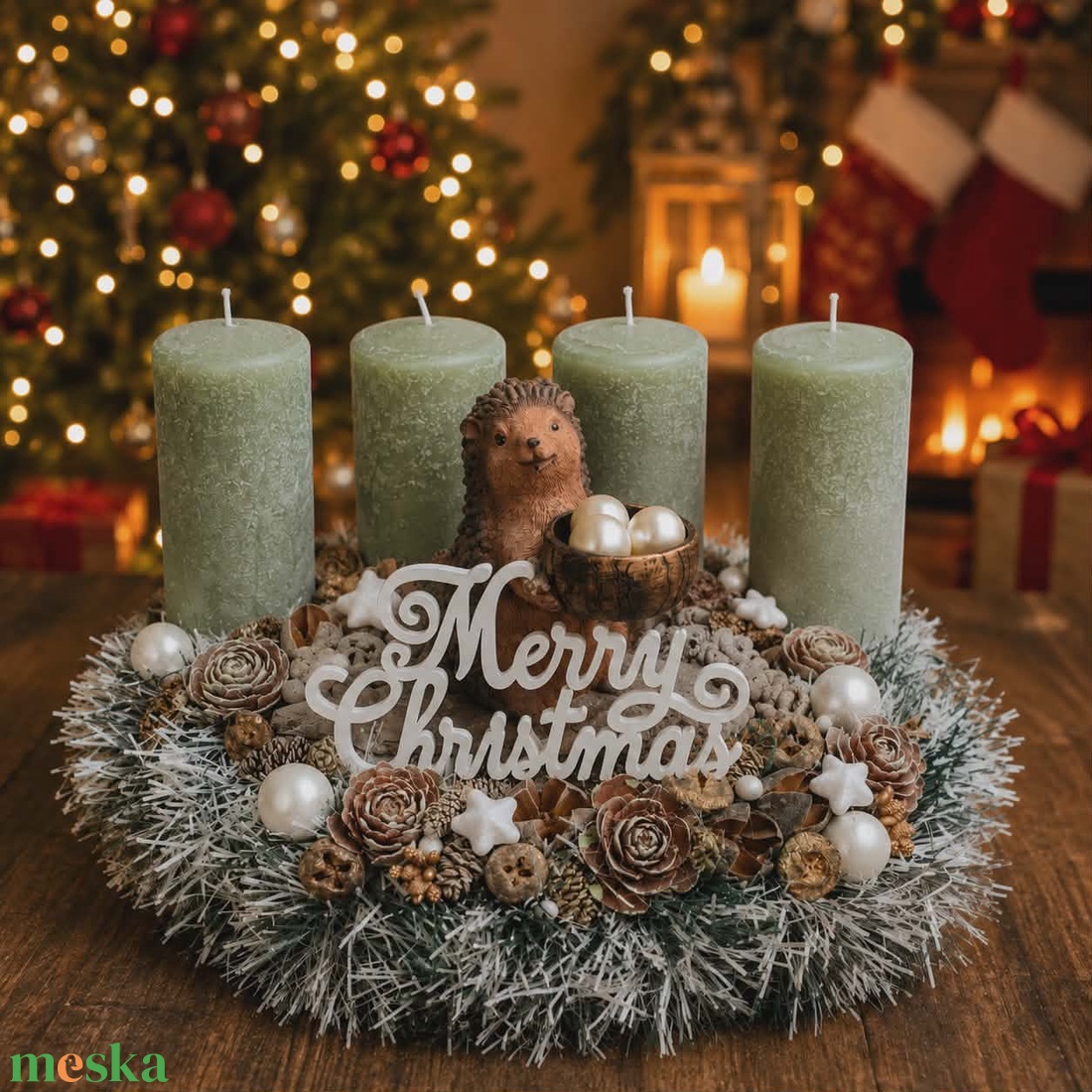 Sünis menta-fehér adventi asztali dísz - karácsony - adventi díszek - adventi koszorú - Meska.hu
