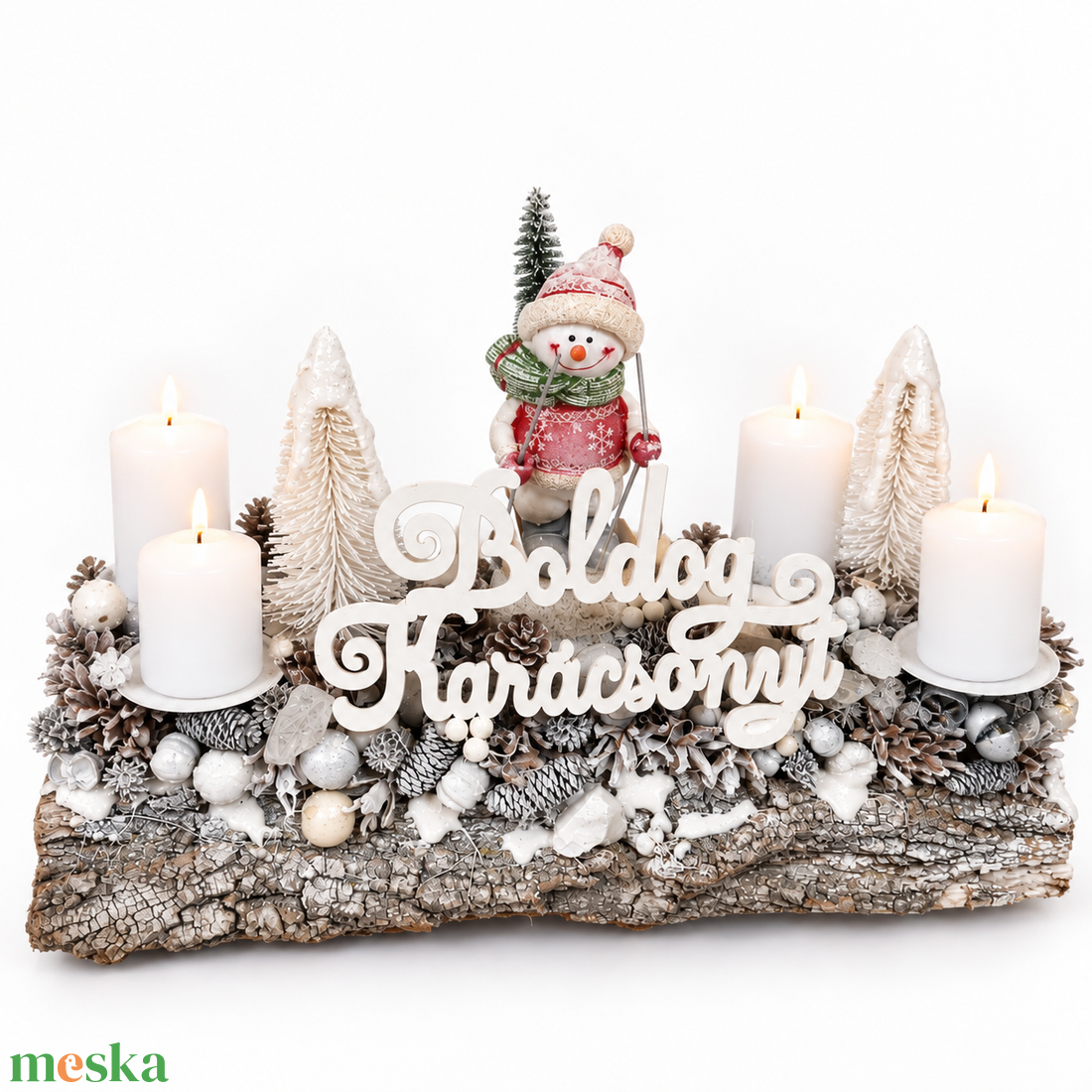 Fahasábra ültetett adventi koszorú síelő hóemberrel - karácsony - adventi díszek - adventi koszorú - Meska.hu
