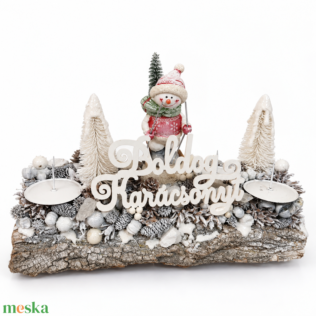 Fahasábra ültetett adventi koszorú síelő hóemberrel - karácsony - adventi díszek - adventi koszorú - Meska.hu