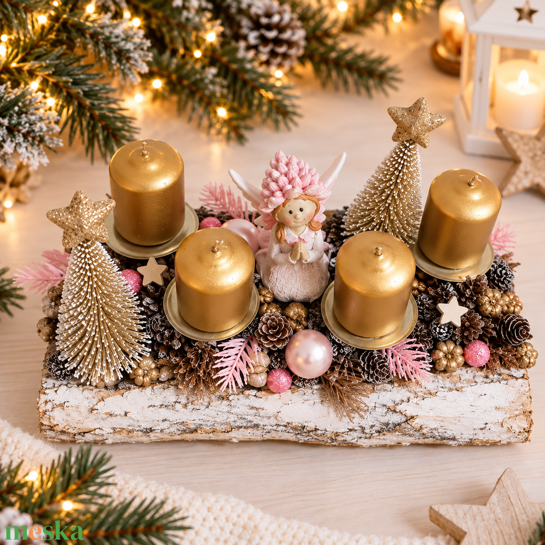 Fahasábra ültetett adventi koszorú tündérrel - karácsony - adventi díszek - adventi koszorú - Meska.hu
