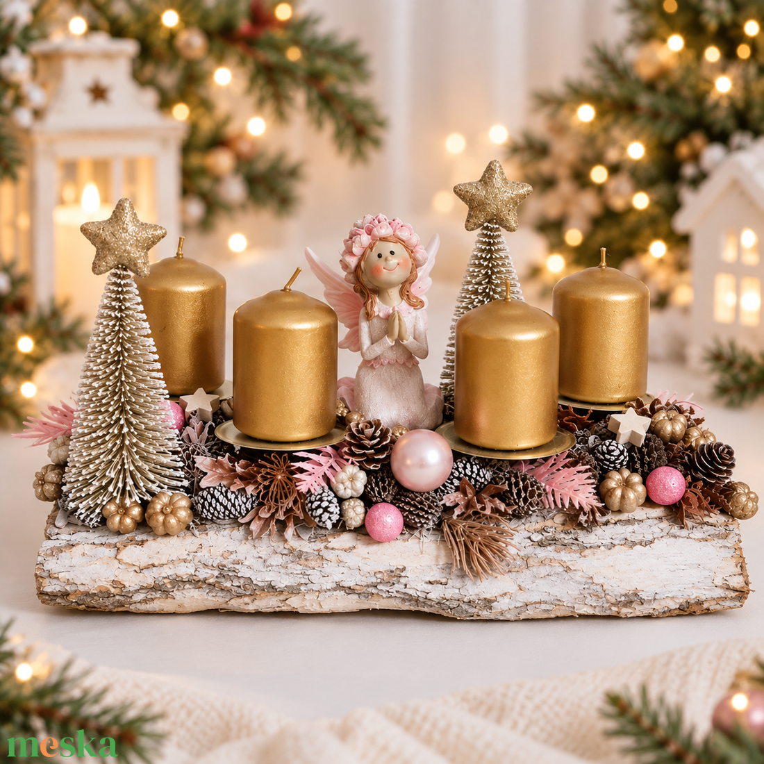 Fahasábra ültetett adventi koszorú tündérrel - karácsony - adventi díszek - adventi koszorú - Meska.hu