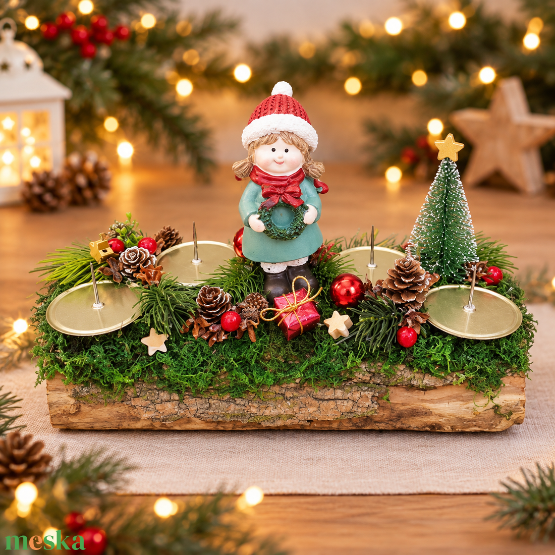Fahasábra ültetett adventi koszorú kislánnyal - karácsony - adventi díszek - adventi koszorú - Meska.hu
