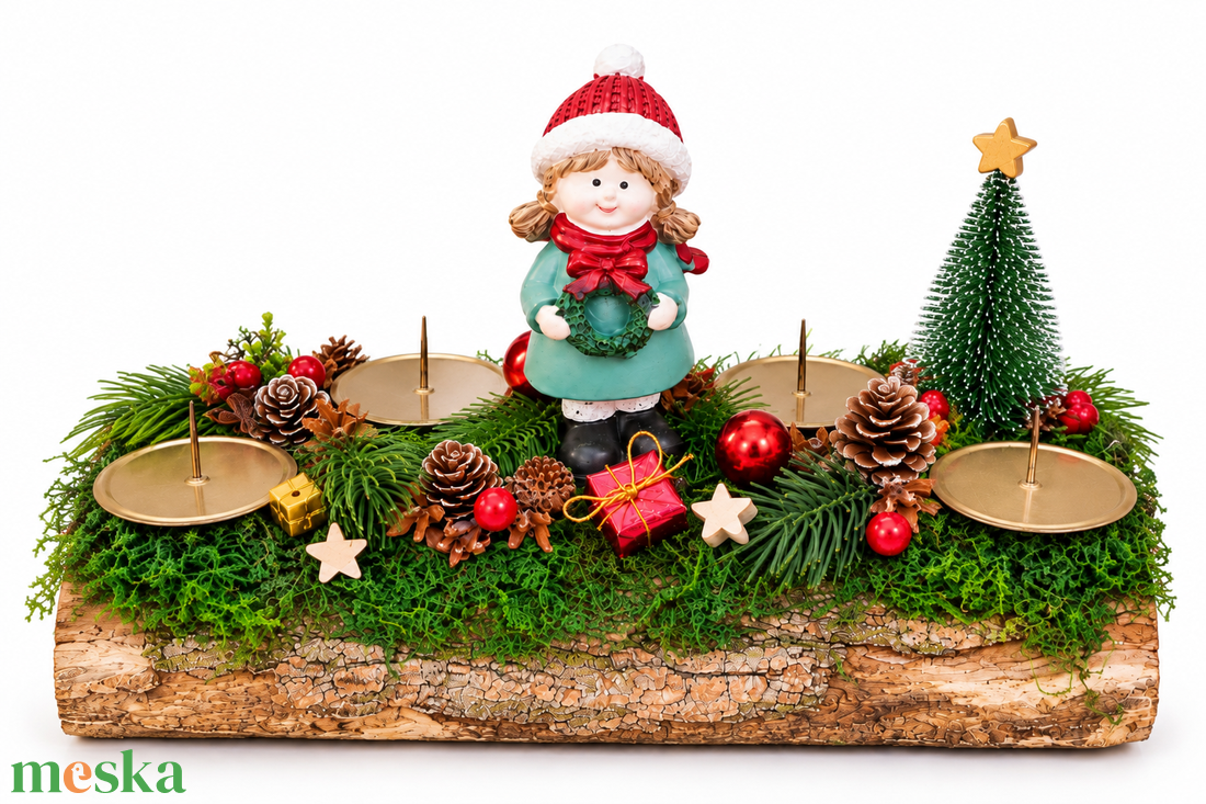 Fahasábra ültetett adventi koszorú kislánnyal - karácsony - adventi díszek - adventi koszorú - Meska.hu