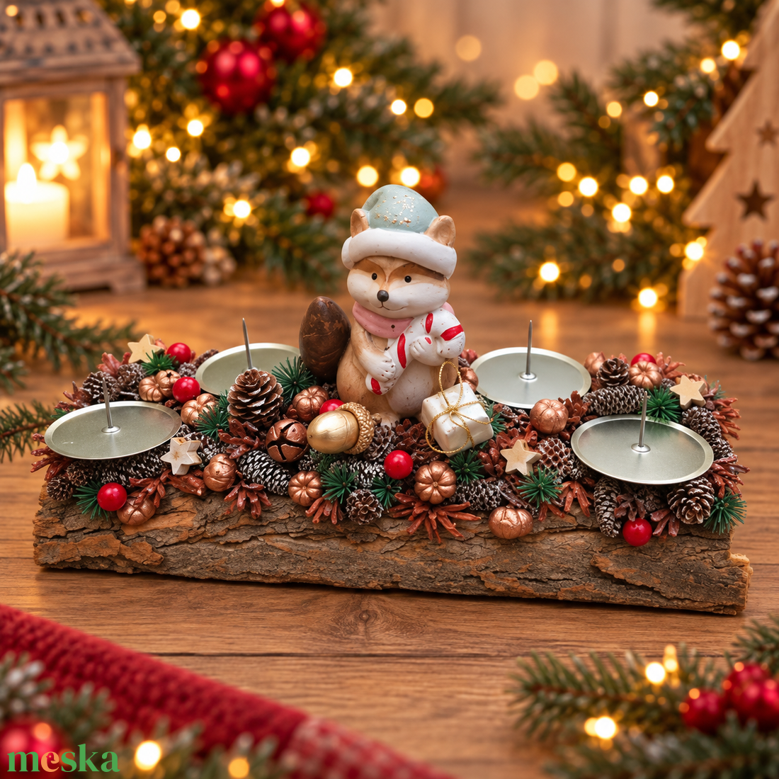 Fahasábra ültetett adventi asztali dísz rókával - karácsony - adventi díszek - adventi koszorú - Meska.hu