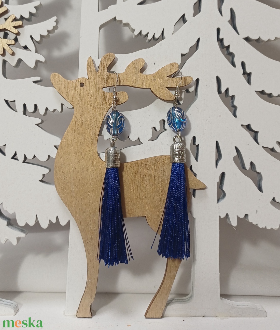 Sötétkék-ezüst bojtos fülbevaló - ékszer - fülbevaló - rojtos fülbevaló - Meska.hu