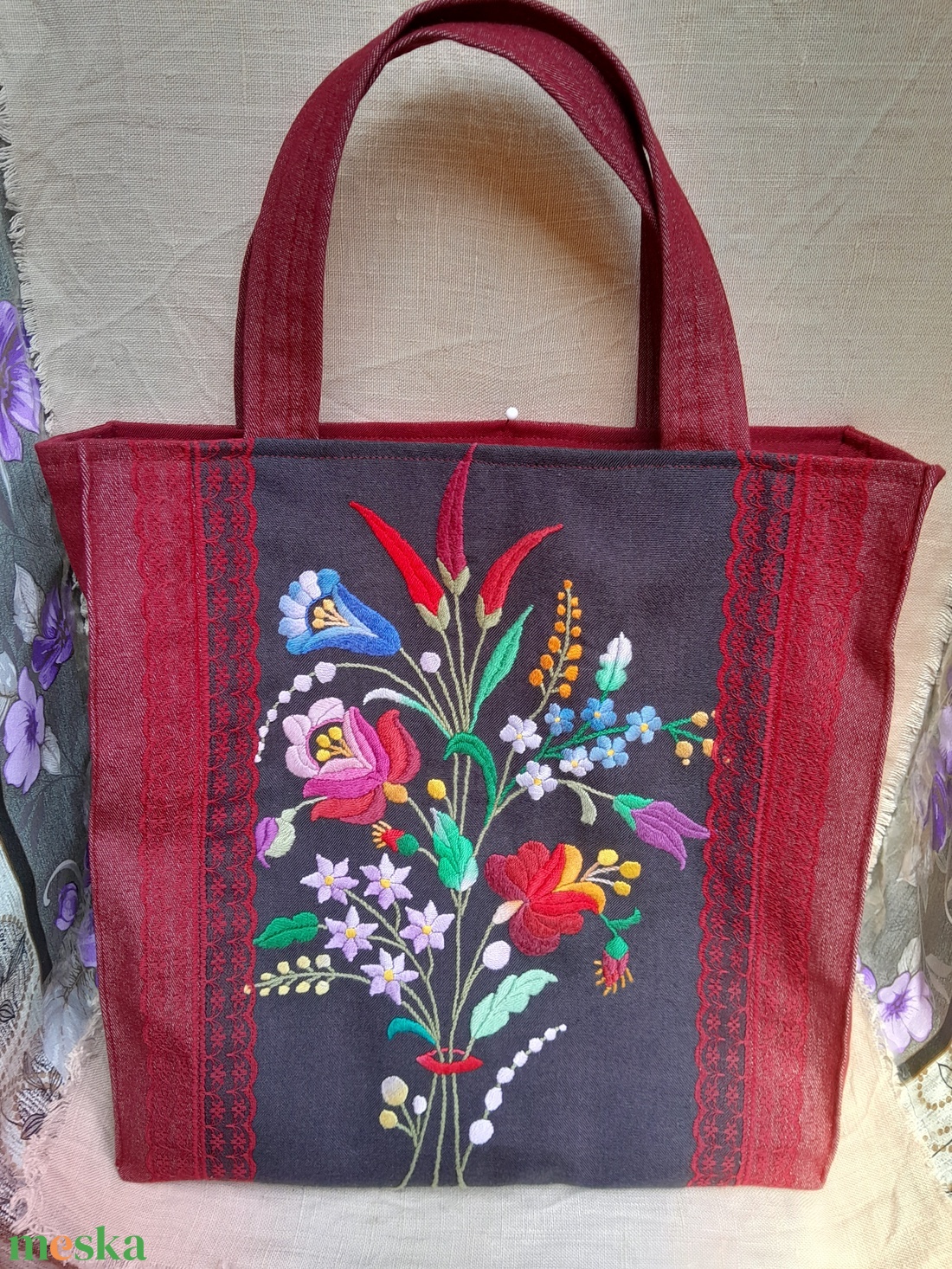 Bevásárló táska kalocsai bordó - táska & tok - bevásárlás & shopper táska - shopper, textiltáska, szatyor - Meska.hu