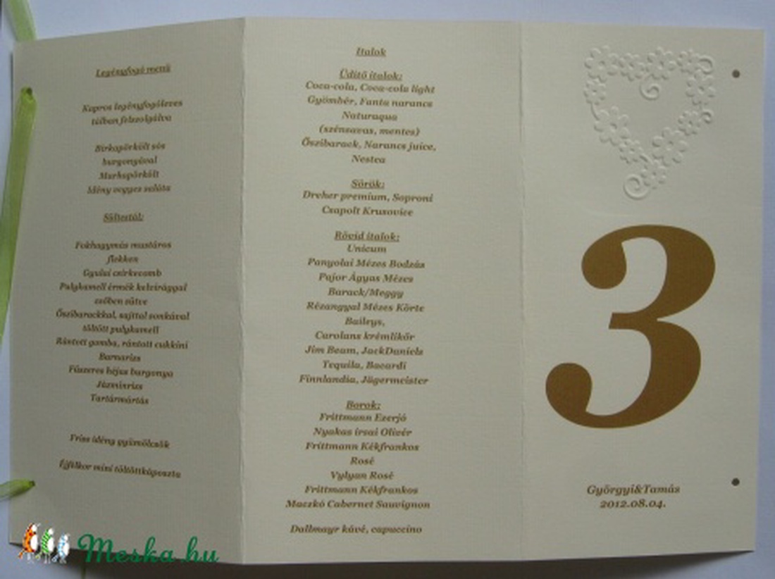 Menükártya -  esküvőre és egyéb rendezvényekre -  - Meska.hu