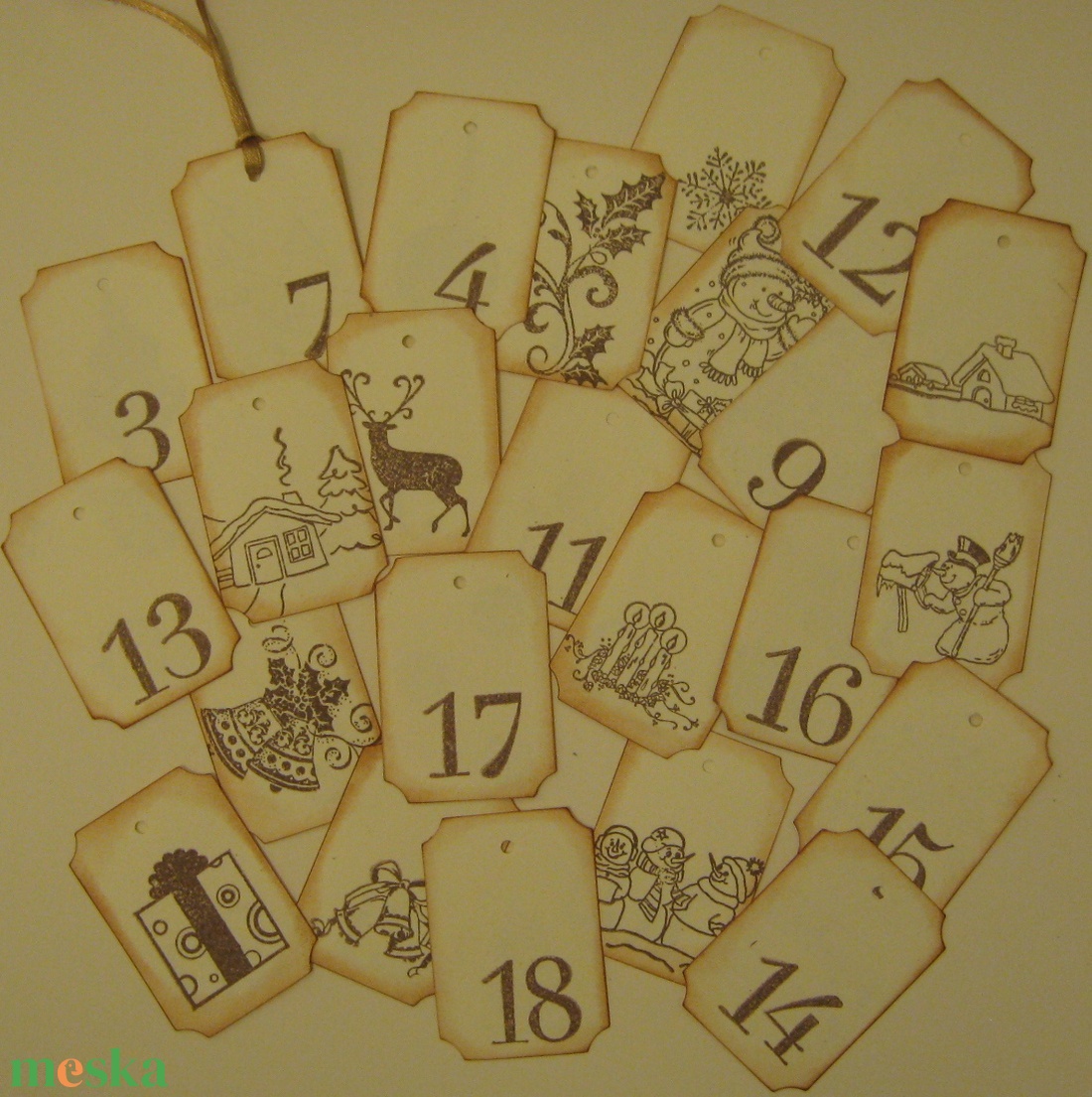 Adventi kártyák -  számozott - bélyegzőmintával díszített - karácsony - adventi díszek - adventi naptár - Meska.hu