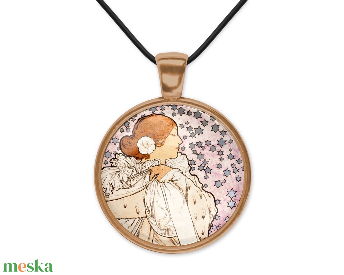 Kaméliás hölgy, üveglencsés medál Alphonse Mucha festményével - ékszer - nyaklánc - medálos nyaklánc - Meska.hu