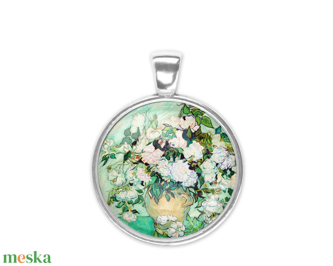 Zöld üveglencsés medál virágos Van Gogh-festménnyel - ékszer - nyaklánc - medálos nyaklánc - Meska.hu