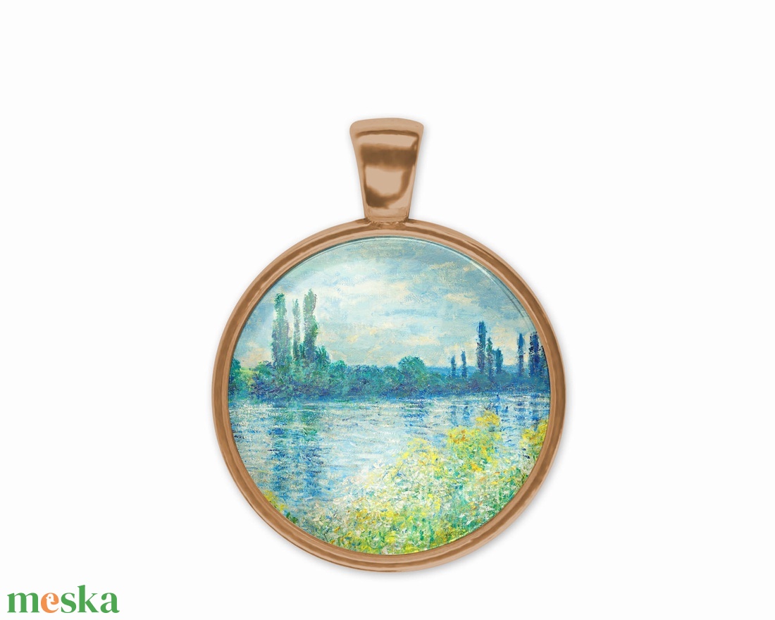Kék-zöld üveglencsés medál Monet-tájképpel - ékszer - nyaklánc - medál - Meska.hu