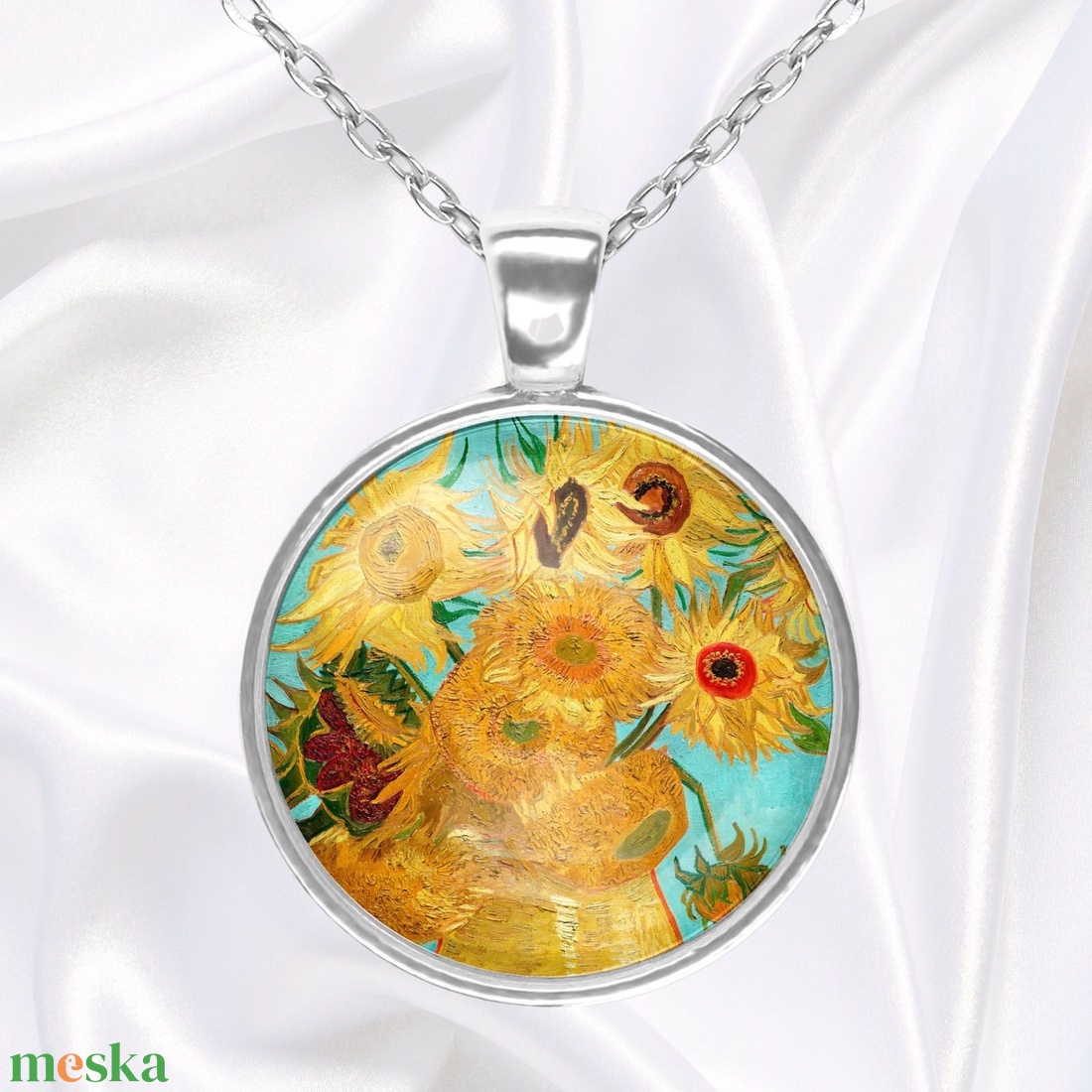 Sárga-türkiz medál Van Gogh napraforgóival - ékszer - nyaklánc - medál - Meska.hu Sárga-türkiz medál Van Gogh napraforgóival - ékszer - nyaklánc - medál - Meska.hu