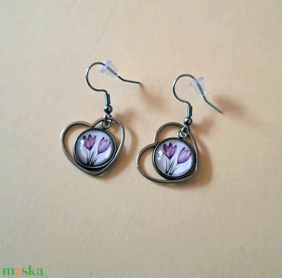 Sáfrányos szíves lógós  fülbevaló - ékszer - fülbevaló - lógó fülbevaló - Meska.hu