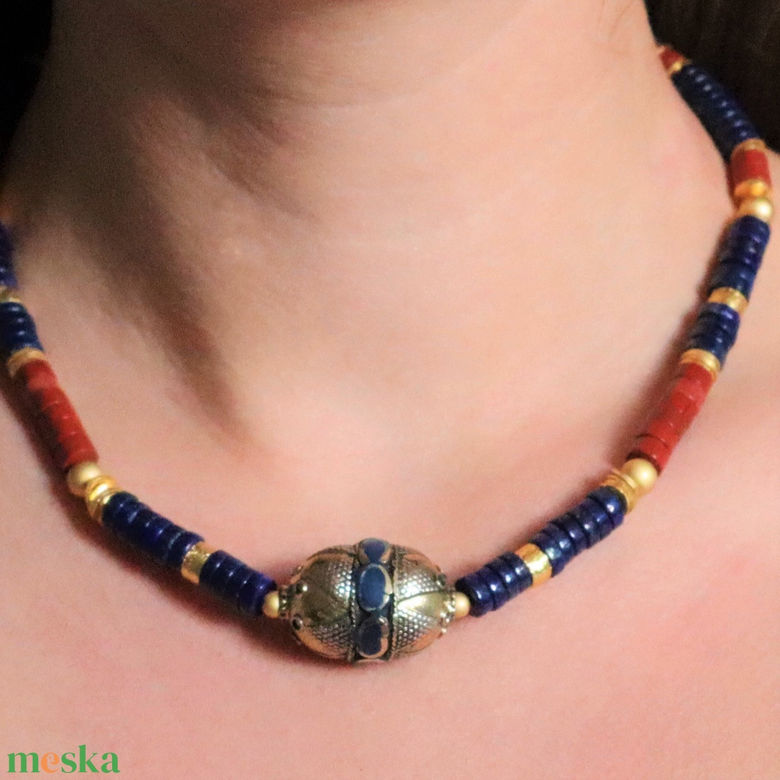 Kazah gyöngyös nyakék lapis lazuli és jáspis gyöngyökkel - ékszer - nyaklánc - medál nélküli nyaklánc - Meska.hu