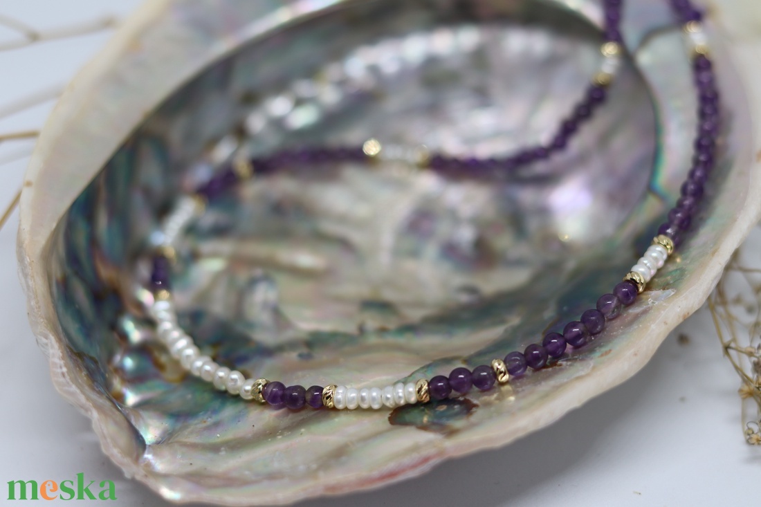 Ametiszt nyakék tenyészett gyöngyökkel - ékszer - nyaklánc - medál nélküli nyaklánc - Meska.hu