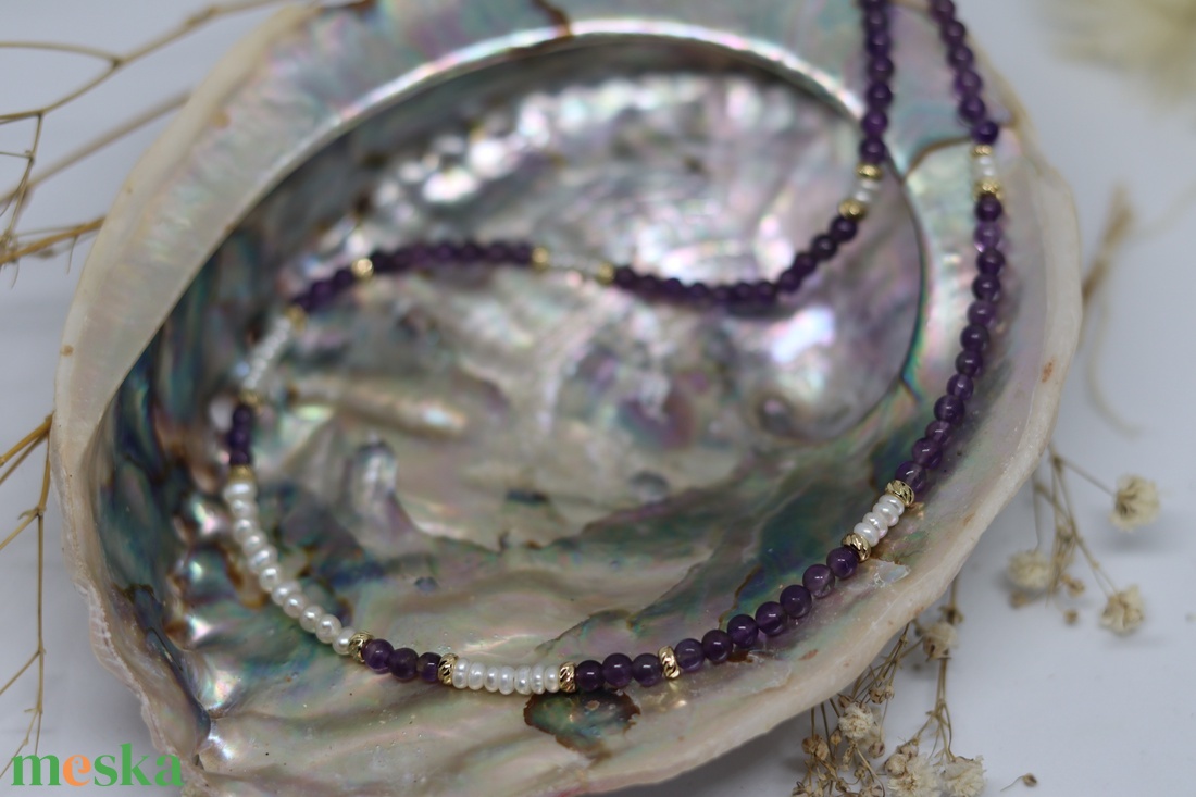 Ametiszt nyakék tenyészett gyöngyökkel - ékszer - nyaklánc - medál nélküli nyaklánc - Meska.hu