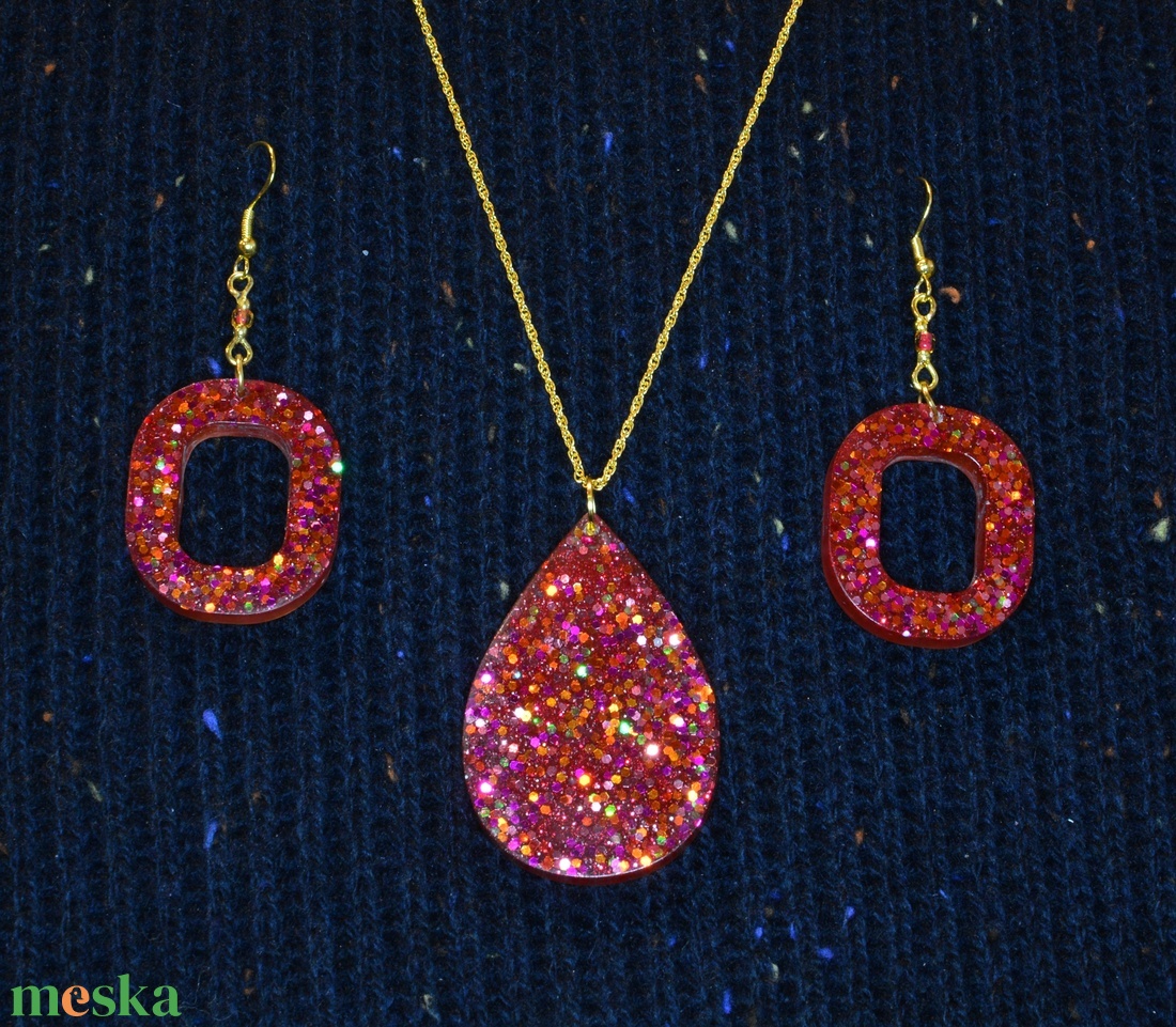 Piros csillámos epoxi ékszerszett - ékszer - ékszerszett - Meska.hu