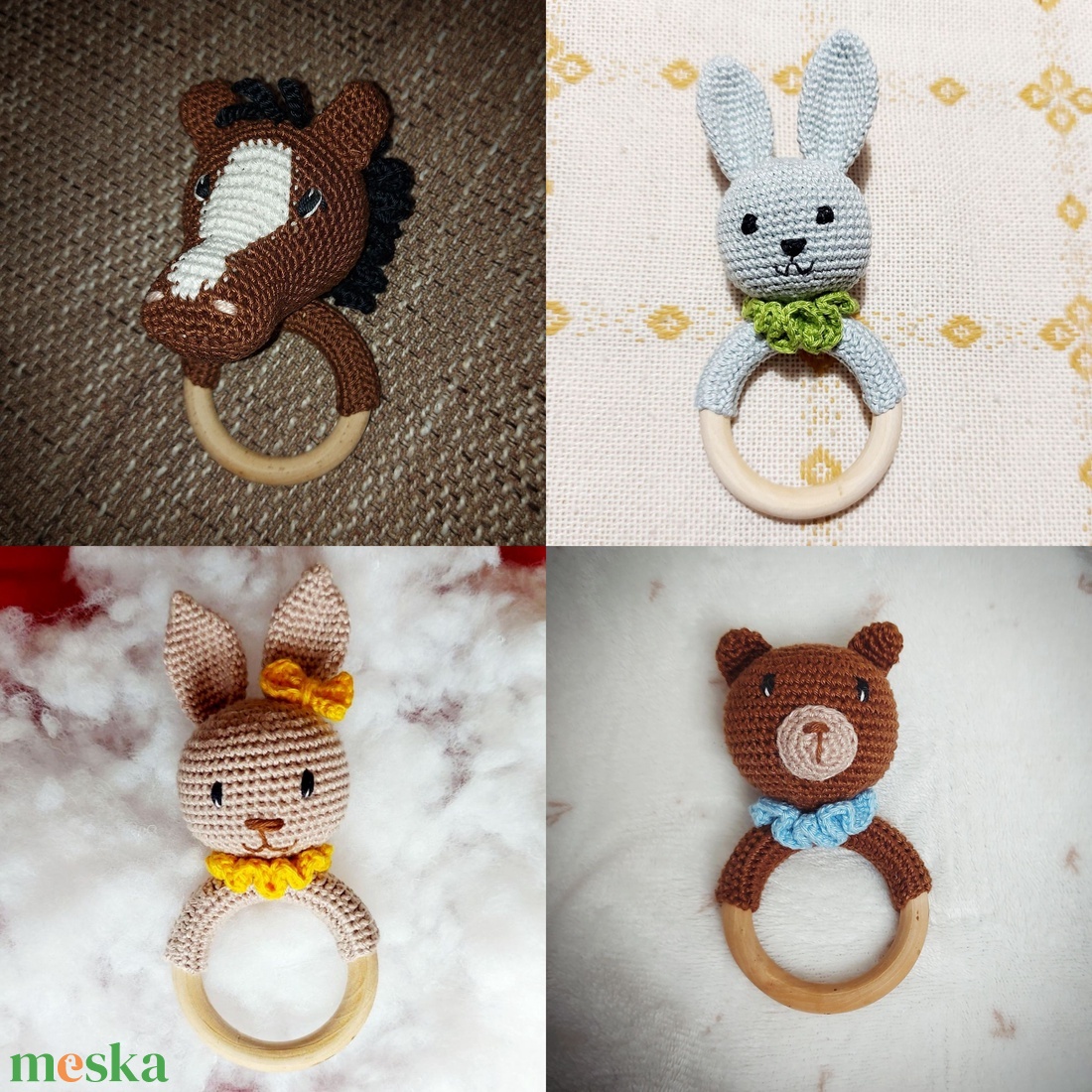 Horgolt állatos csörgő fakarikán - játék & sport - 3 éves kor alattiaknak - csörgő - Meska.hu