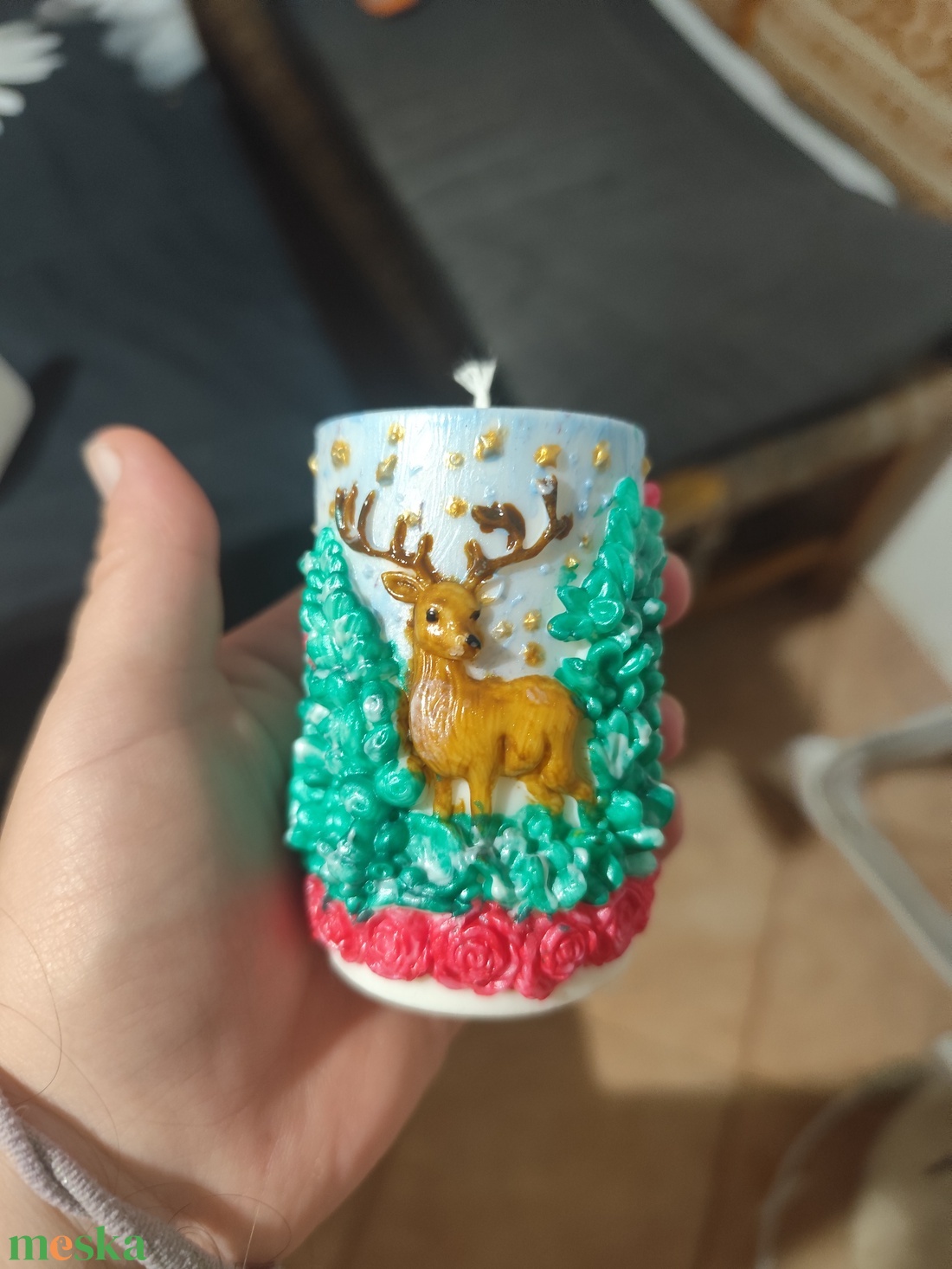 Karácsonyi szarvas díszgyertya  kézzel festett ünnepi dekoráció - kellékek & szerszámok - dekorációs kellékek - dekorációs gyertya - Meska.hu