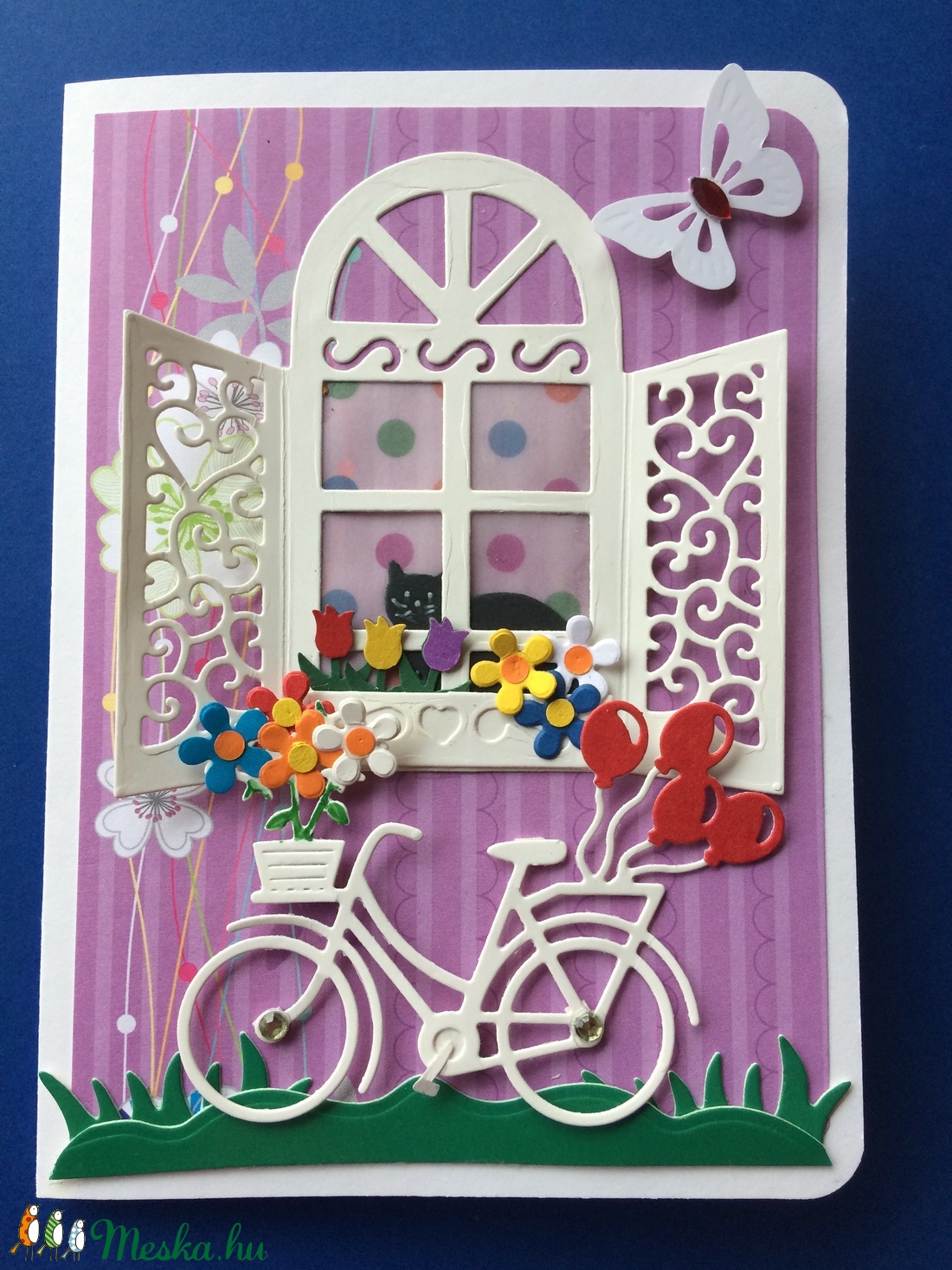 Anyáknapi,születésnapi,névnapi képeslap, bicikli, cica 3D, anyák napja, ablak -  - Meska.hu