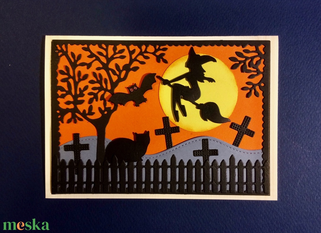 Halloween képeslap, boszorkány, macska, denevér  - otthon & lakás - dekoráció - halloween - halloweeni meghívó, képeslap, ajándékkísérő - Meska.hu