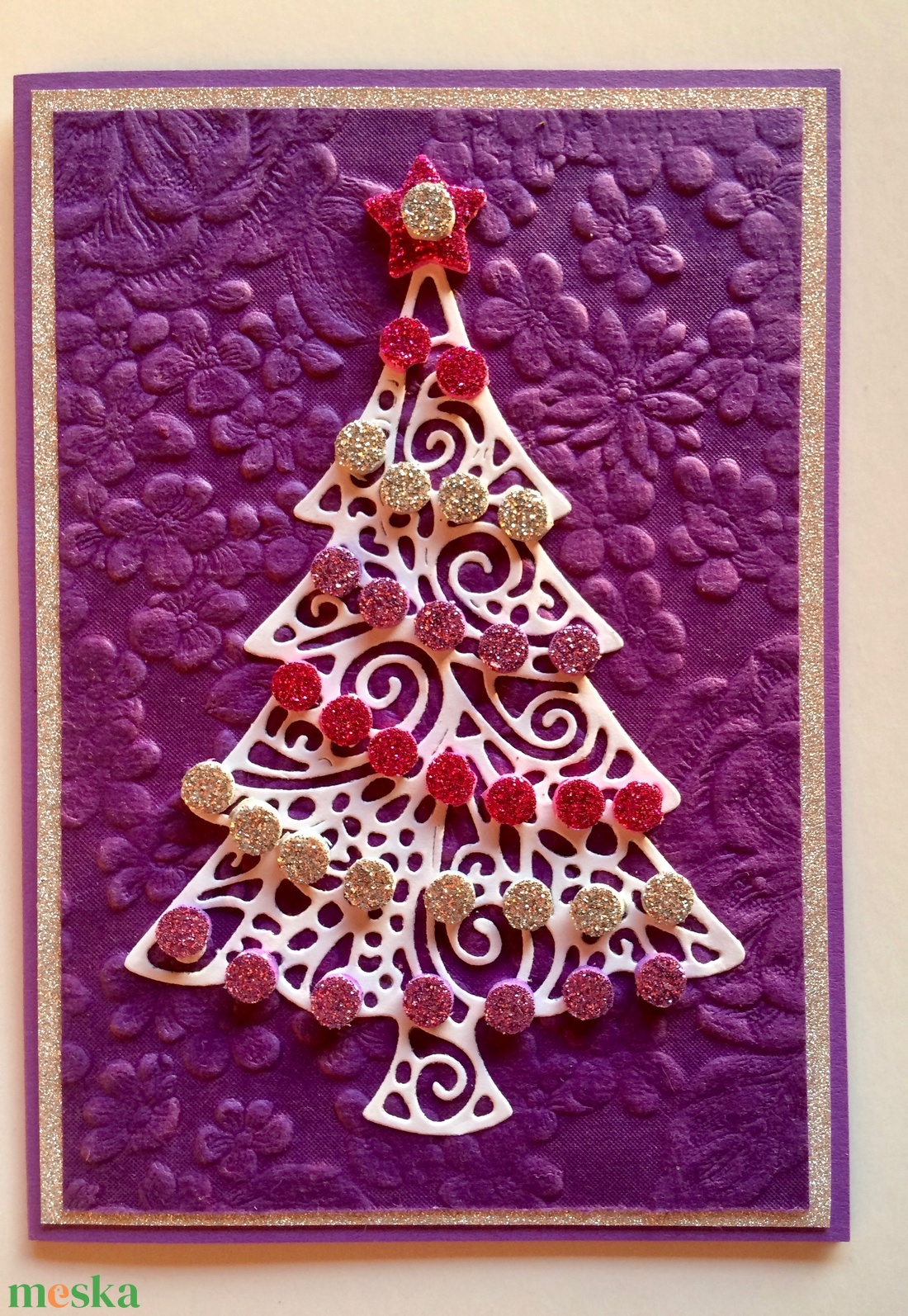 Lila karácsony karácsonyi képeslap,Karácsony, Advent üdvözlet, karácsonyfa, fenyőfa, lila, ezüst, rózsaszín, dísz - karácsony - karácsonyi ajándékozás - karácsonyi képeslap, üdvözlőlap, ajándékkísérő - Meska.hu